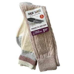 MUK LUK (2) pair Woman Tall Socks Shoe Sz 6-11 New Gift Cable Knit Stripes